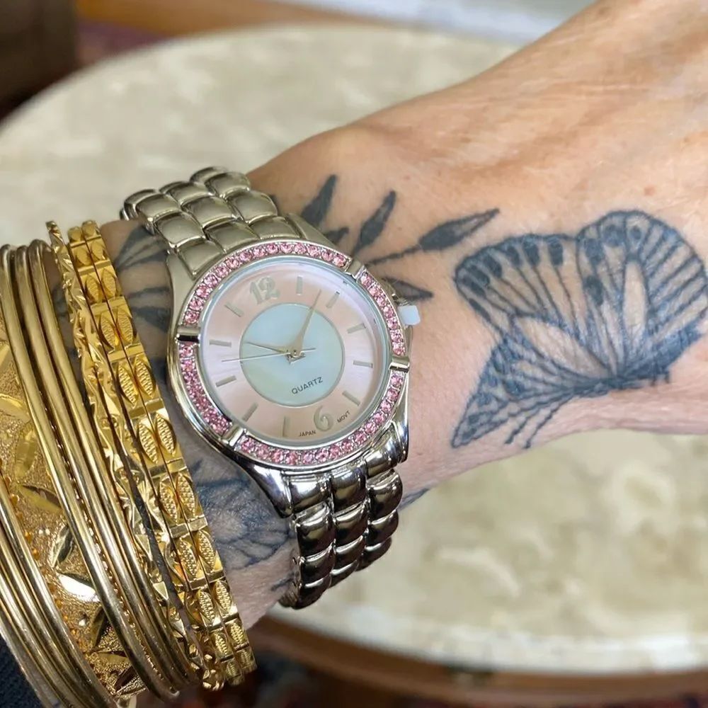 NEW! Quartz Watch Stainless Steel, Pink Crystals